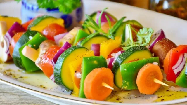 Colorful vegetable skewers representing healthy eating habits and nutrition