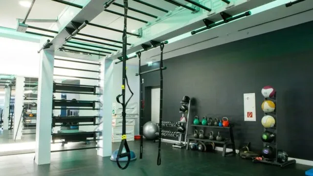 A modern premium fitness club interior featuring TRX straps, kettlebells, medicine balls, and wall bars — representing advanced training equipment for muscle health and longevity.