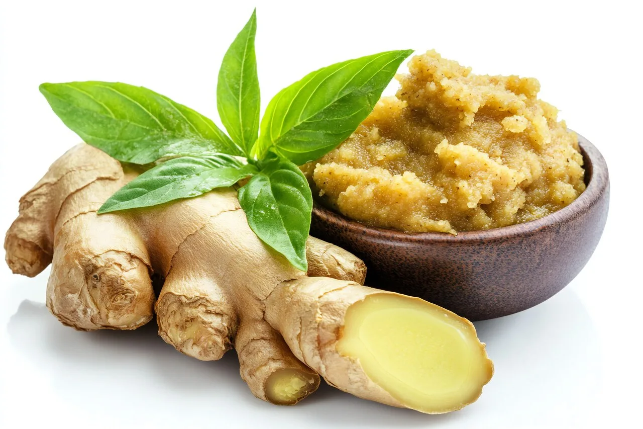Fresh ginger root with herbal paste representing natural remedies for pain relief
