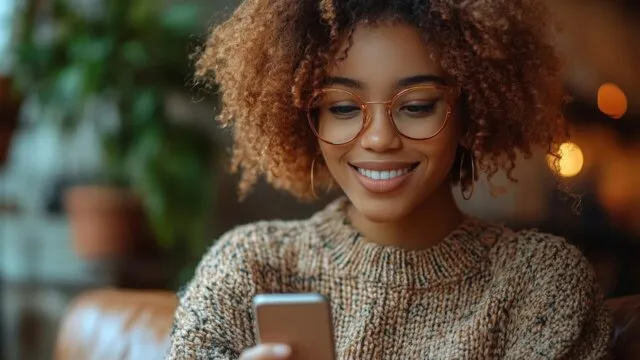 A young woman smiling while using her smartphone in a cozy indoor setting — illustrating positive and mindful social media use for genuine connection and well-being.