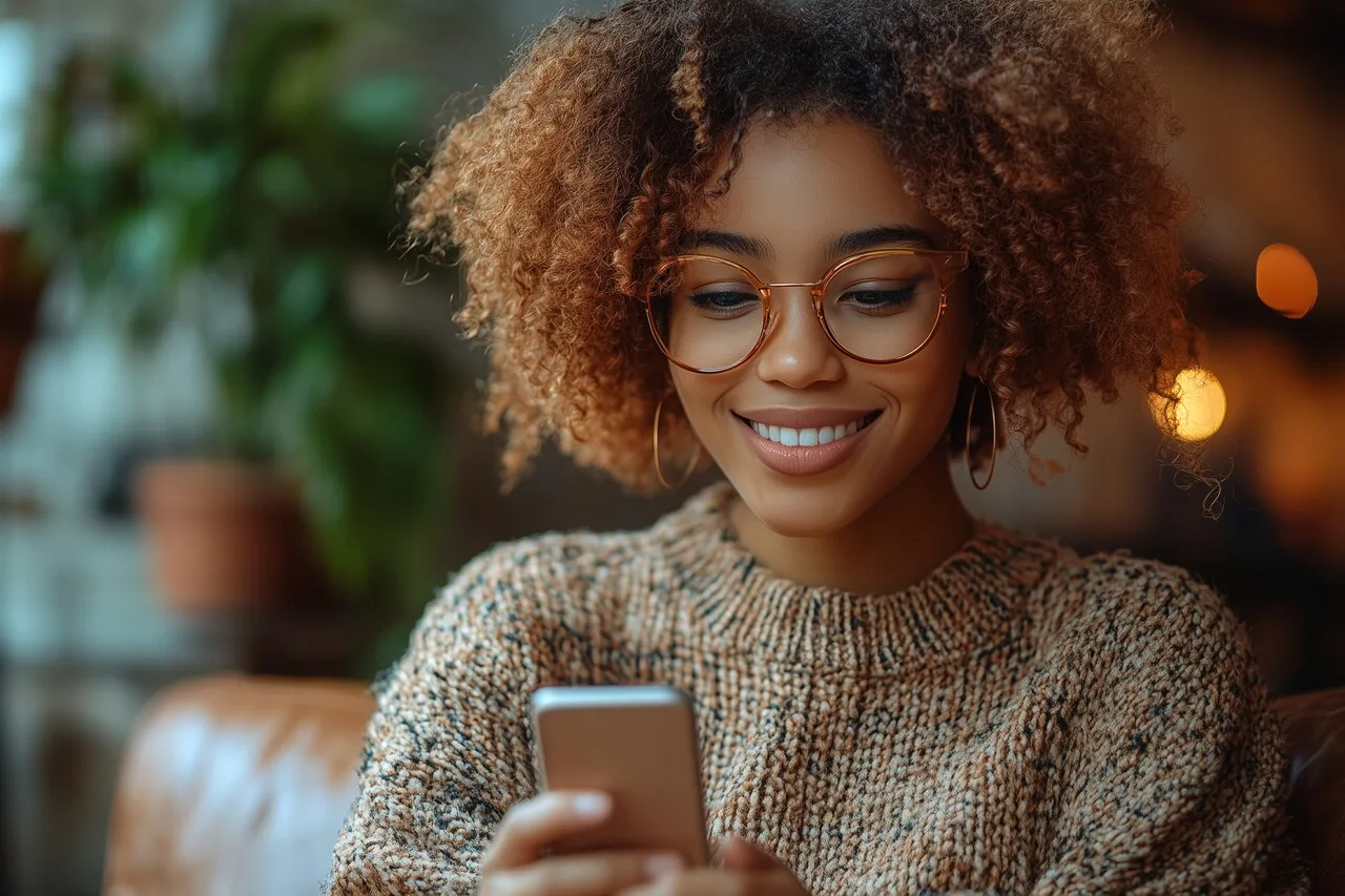 A young woman smiling while using her smartphone in a cozy indoor setting — illustrating positive and mindful social media use for genuine connection and well-being.