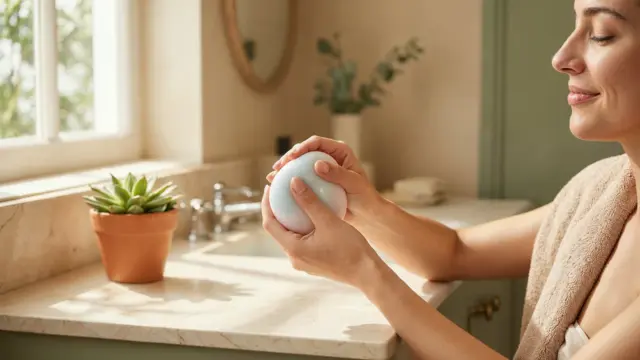 Woman calmly squeezing stress ball representing anxiety relief and stress management