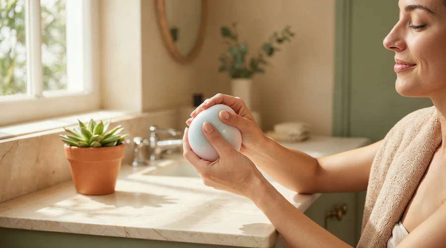 Woman calmly squeezing stress ball representing anxiety relief and stress management