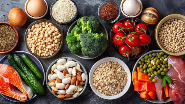 Assortment of prebiotic foods including oats, chickpeas, broccoli, lentils, almonds, beans, carrots, and tomatoes for a healthy gut microbiome