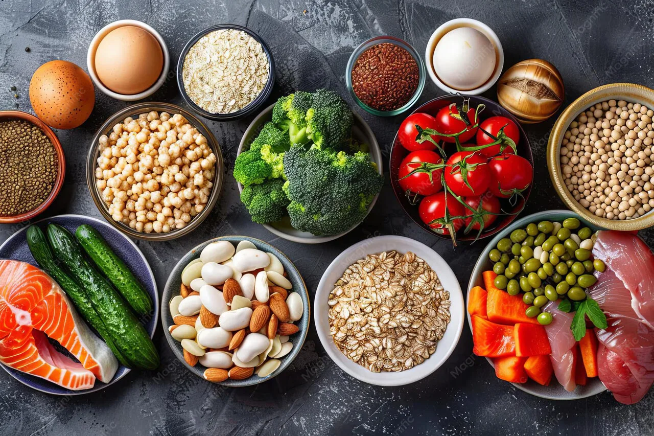 Assortment of prebiotic foods including oats, chickpeas, broccoli, lentils, almonds, beans, carrots, and tomatoes for a healthy gut microbiome
