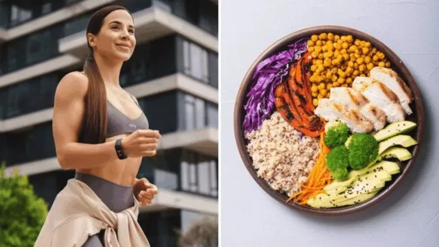 Woman jogging outdoors next to a healthy grain bowl with chicken, avocado, and vegetables