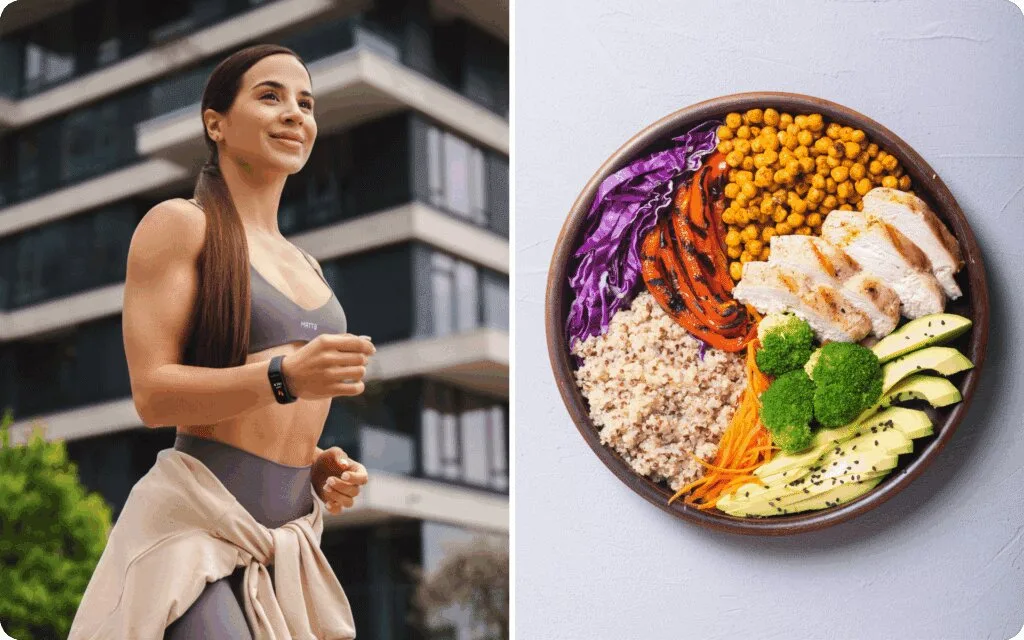 Woman jogging outdoors next to a healthy grain bowl with chicken, avocado, and vegetables