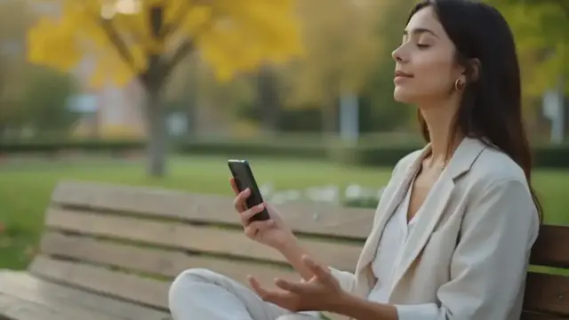 Woman mindfully using phone in park representing healthy digital etiquette for mental wellbeing