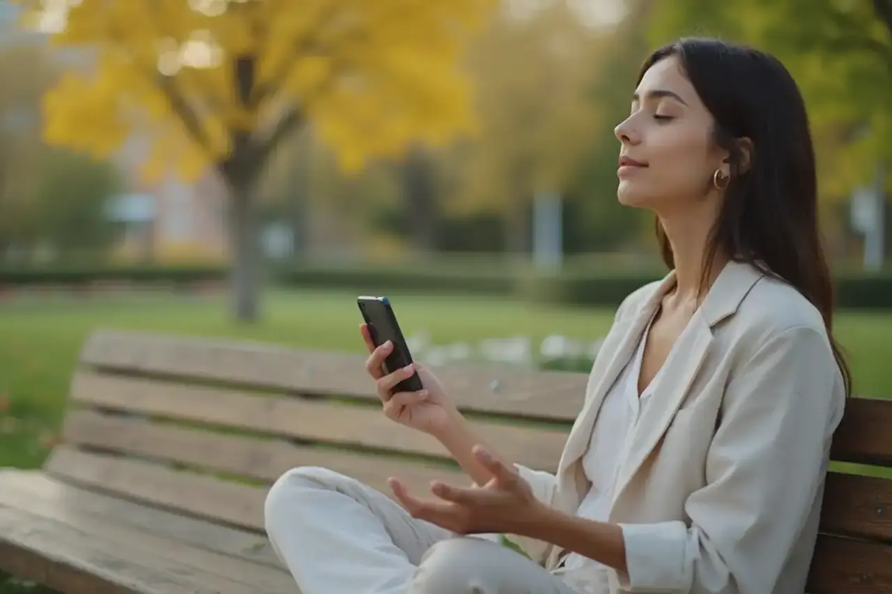 Woman mindfully using phone in park representing healthy digital etiquette for mental wellbeing