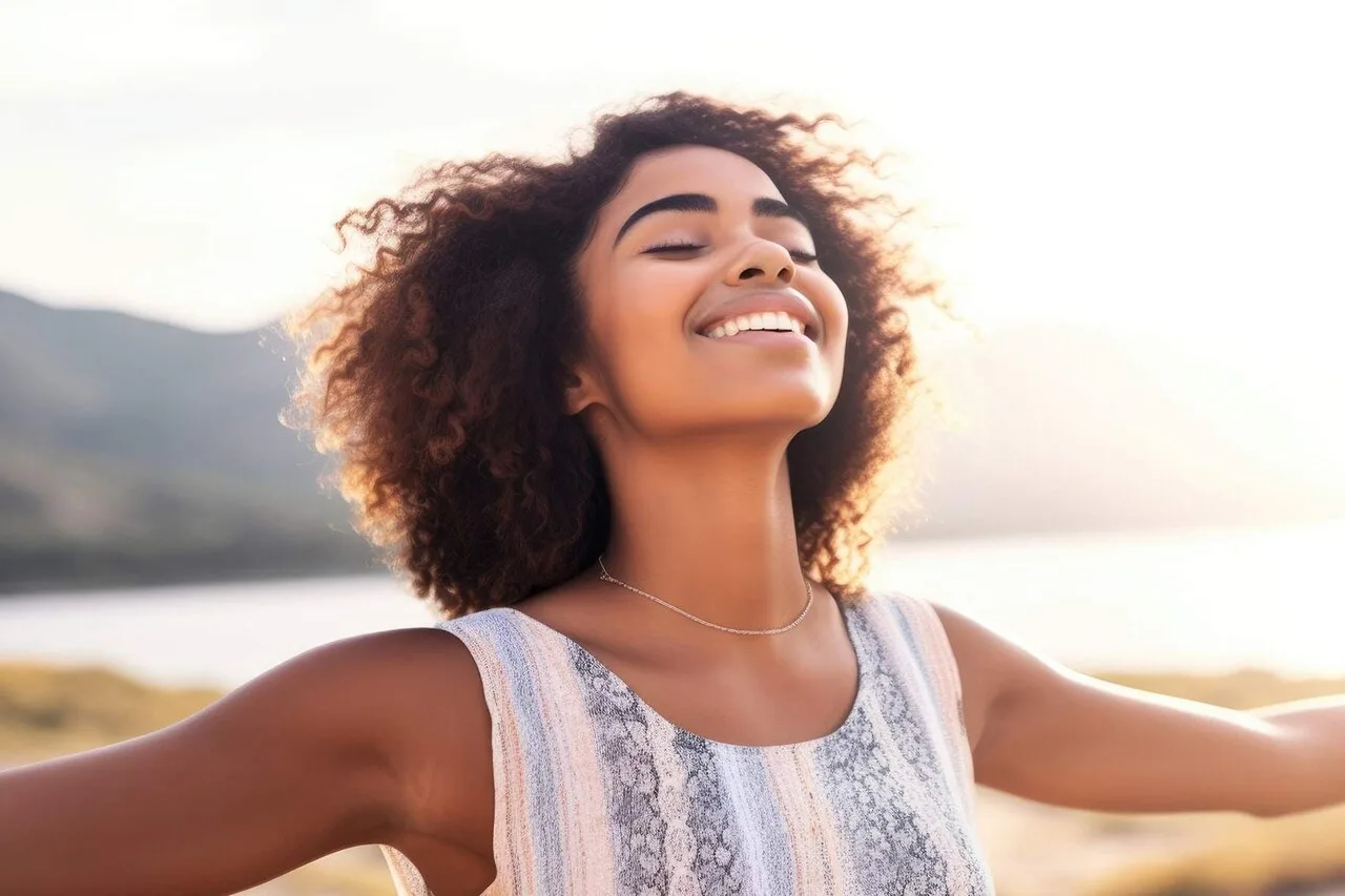 Young woman with arms open and eyes closed smiling peacefully outdoors, practicing mindfulness and body gratitude in nature