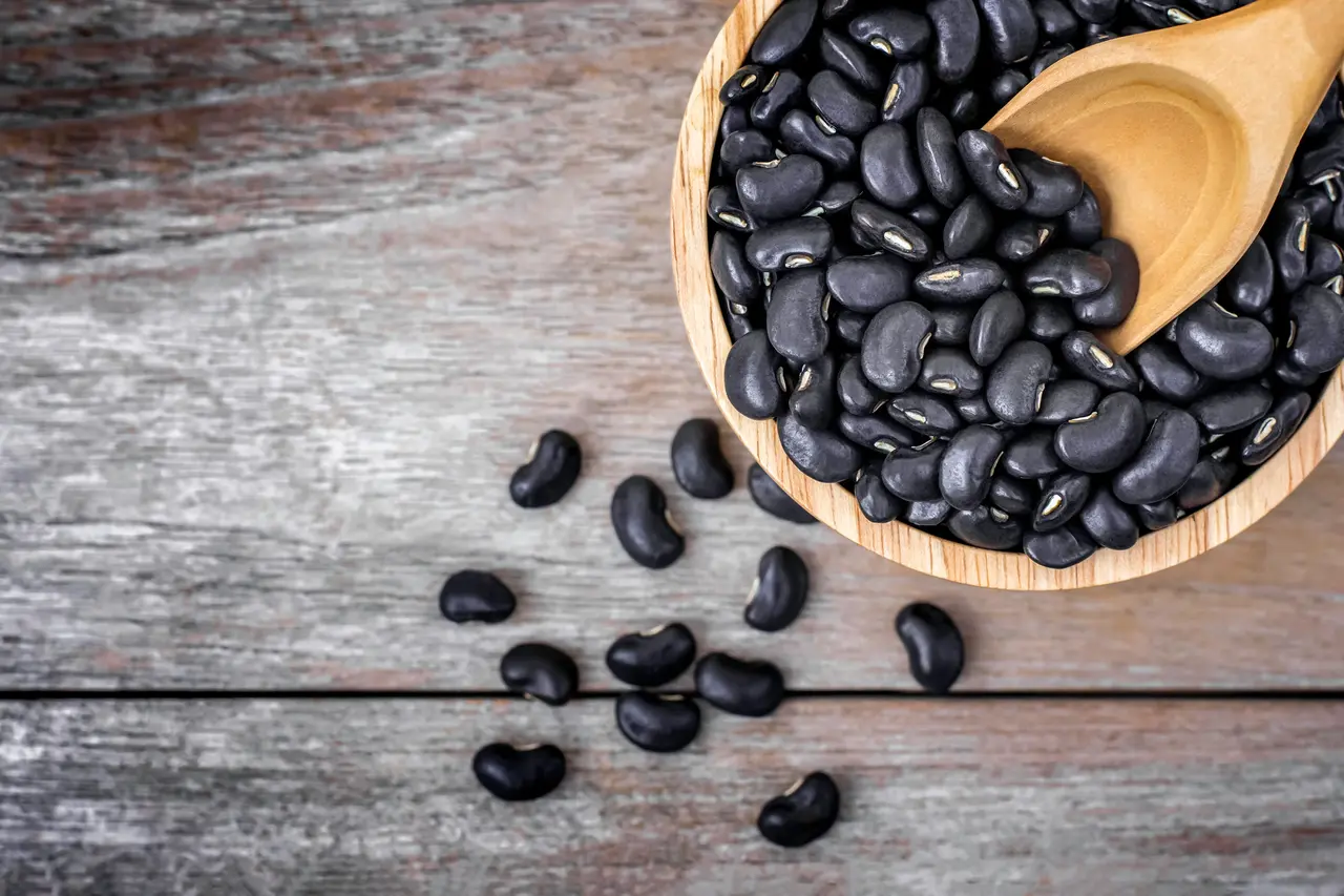 Black beans in a wooden bowl shown to be among the best legumes for blocking cancer spread and inhibiting MMP enzymes