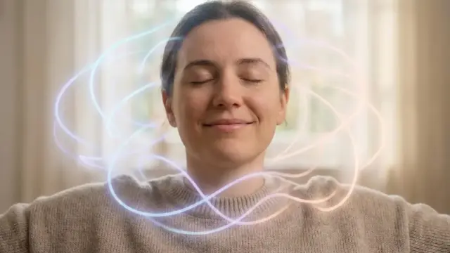 Woman with closed eyes and glowing energy waves around her representing hypnosis and mindfulness techniques for chronic illness mind-body healing