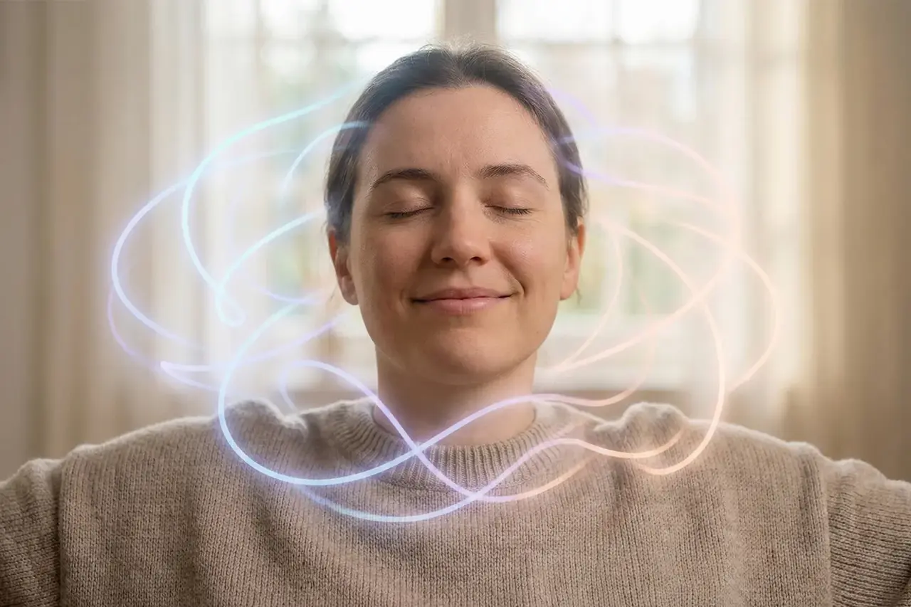 Woman with closed eyes and glowing energy waves around her representing hypnosis and mindfulness techniques for chronic illness mind-body healing