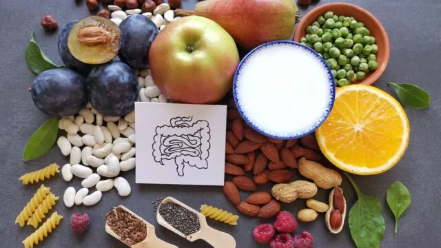 Variety of foods including fruits, legumes, nuts, seeds and dairy arranged around a digestive system illustration representing IBS gut health and low FODMAP diet management