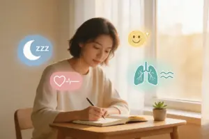 Woman journaling at a desk with wellness icons representing sleep, breathing and heart health as practical mindfulness tools for managing chronic illness