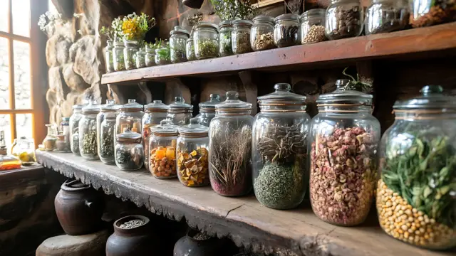Vintage apothecary shelves lined with glass jars of dried herbs, illustrating the historical roots of American herbalism