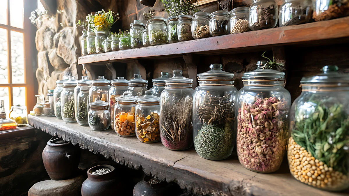 Vintage apothecary shelves lined with glass jars of dried herbs, illustrating the historical roots of American herbalism